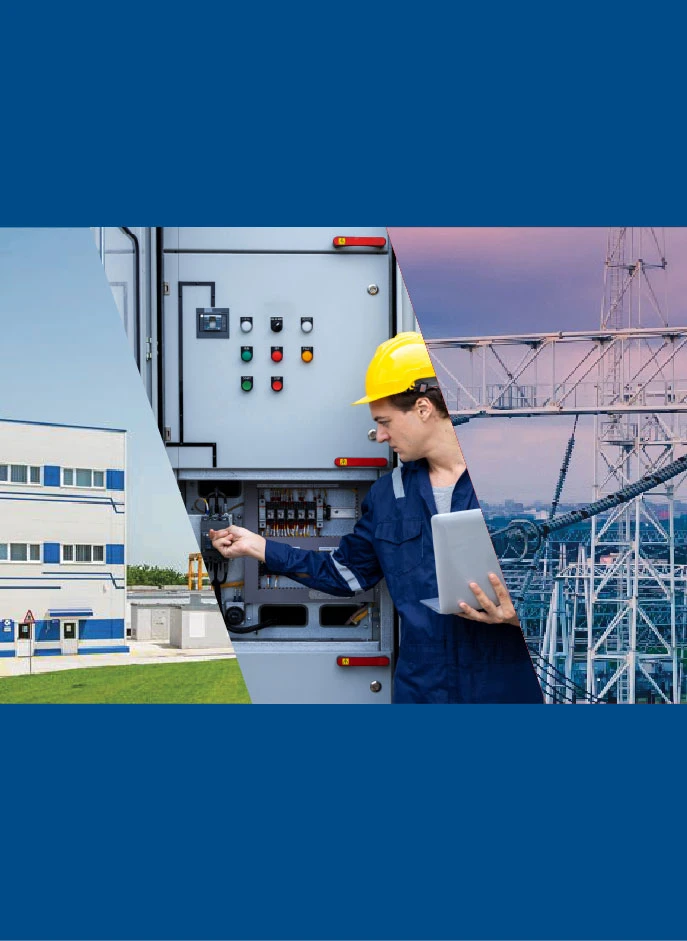 Collage d'un bâtiment, d'un technicien et d'un réseau haute tension.